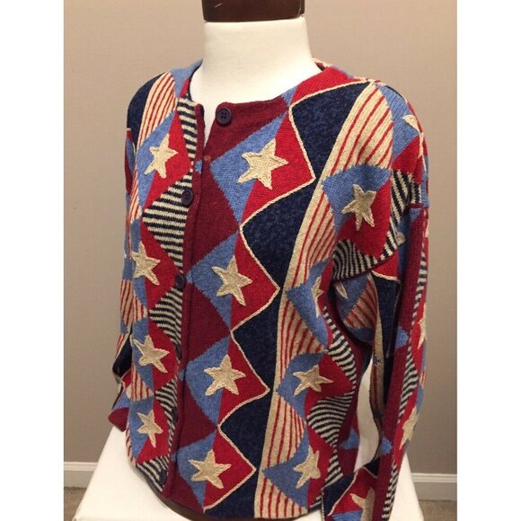Design Options Philip Jane Gordon Sweater L Cardigan Stars Stripe Patriotic (HH8 - Picture 2 of 12